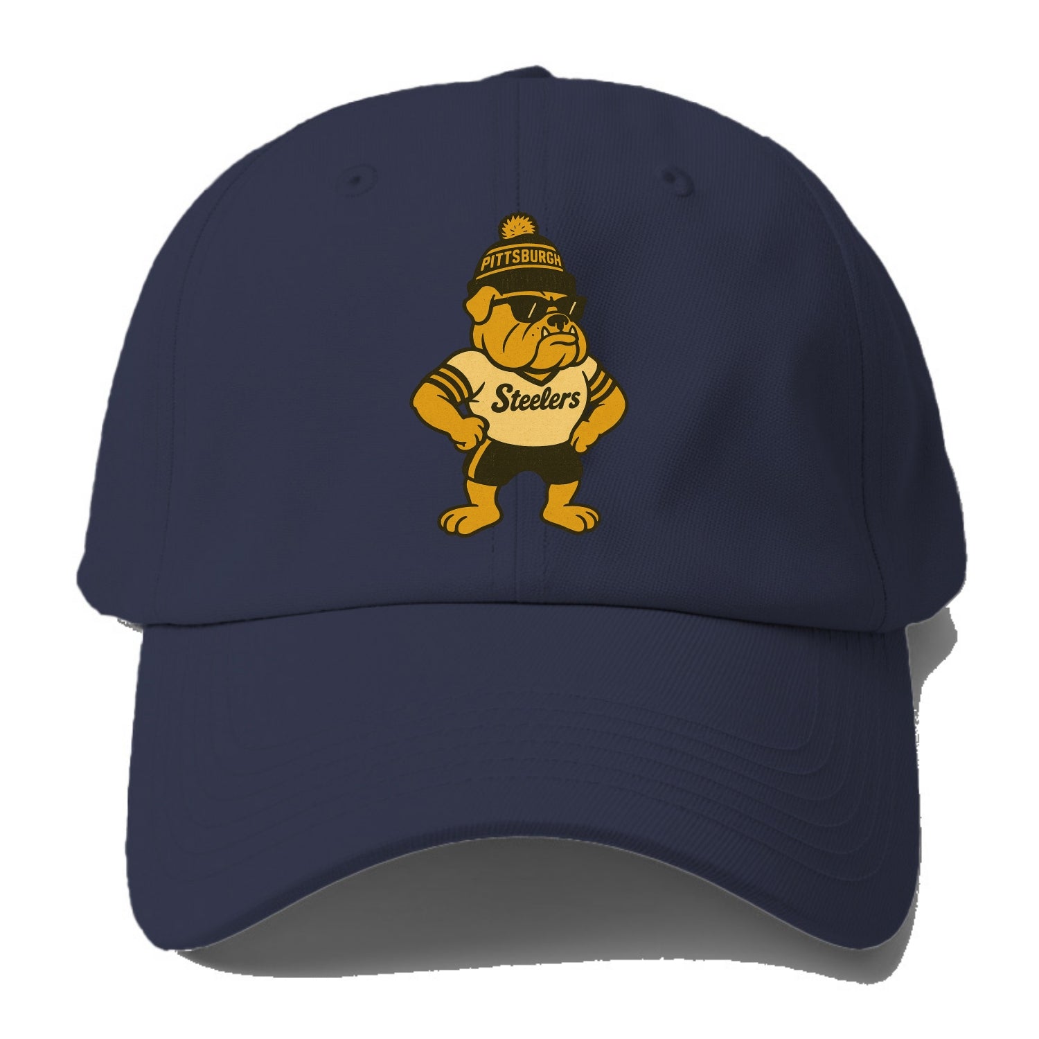 Pittsburgh Bulldog wearing Steelers black and gold beanie with pom pom - Baseball Cap For Big Heads - Twilight Navy(Blue)