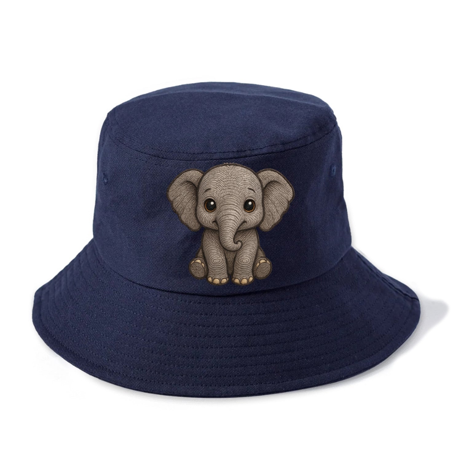 Baby Elephant - gray wrinkly, tiny trunk, large floppy ears, kind dark eyes, - Bucket Hat - Twilight Navy(Blue)