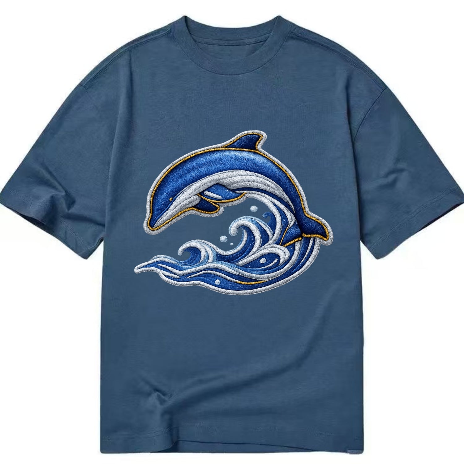 Embroidered patch design - SWIMMING DOLPHIN - diving dolphin with waves in blue - Classic T-shirt - Twilight Navy(Blue)