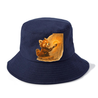 Red panda painting a sunrise mural with an oversized calligraphy brush on a cliff wall - Bucket Hat - Twilight Navy(Blue)