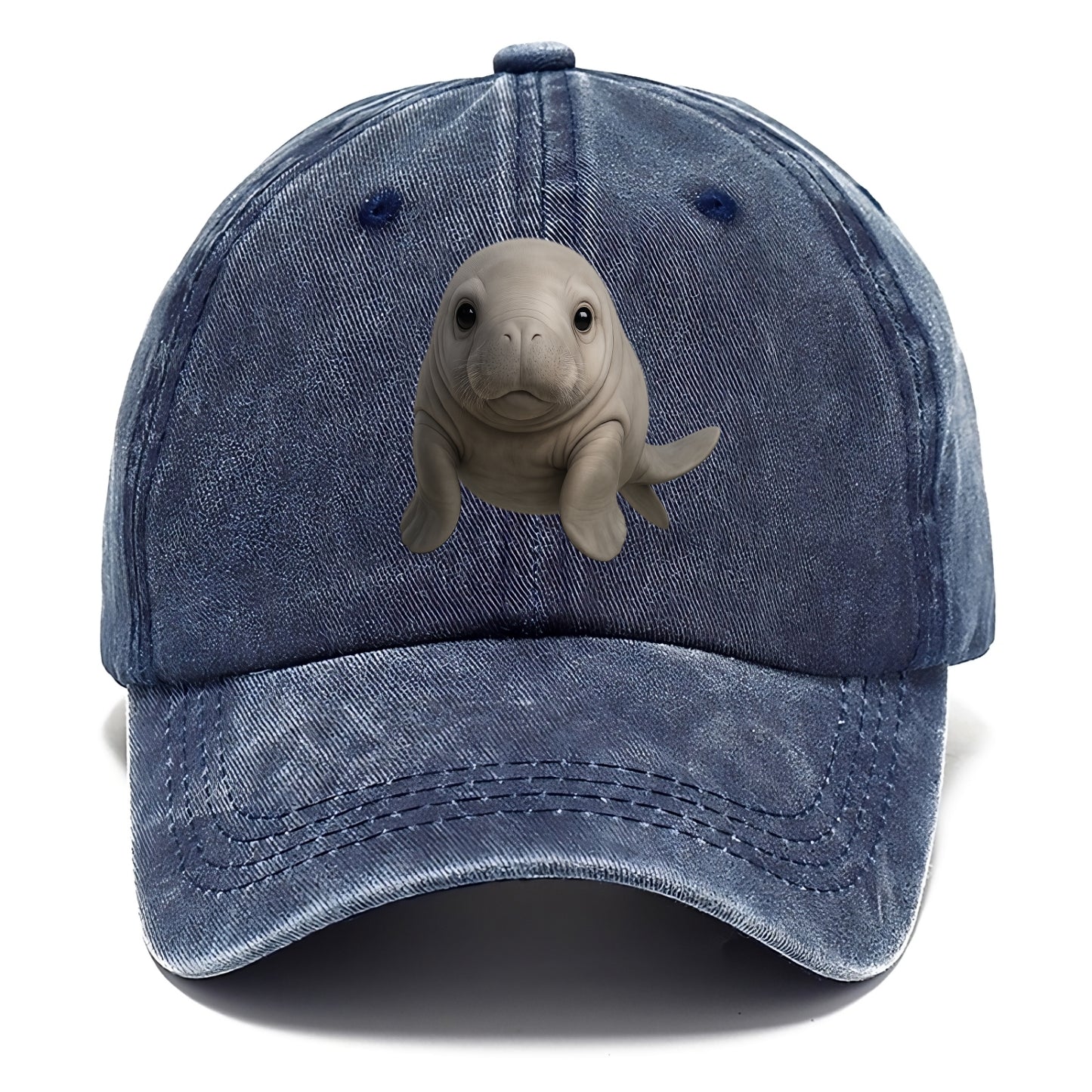 Baby Dugong - gray with paddle tail, gentle expression, whiskers, front-facing, sweet - Classic Cap - Twilight Navy(Blue)