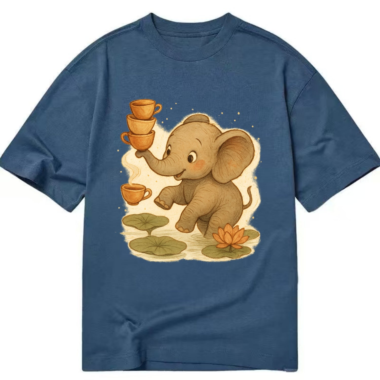 Elephant balancing teacups during a floating tea ceremony beside lotus ponds - Classic T-shirt - Twilight Navy(Blue)