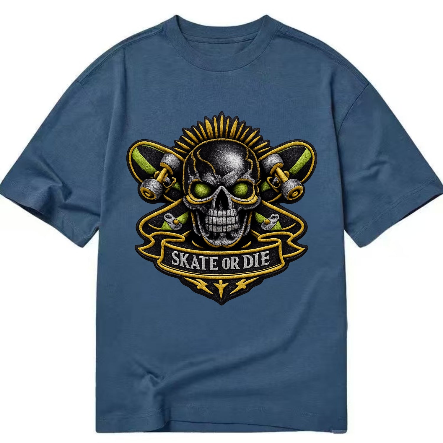 Embroidered patch design - SKATEBOARD SKULL - skull with skateboard in black and - Classic T-shirt - Twilight Navy(Blue)