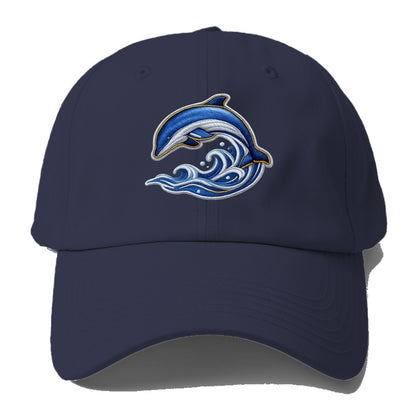Embroidered patch design - SWIMMING DOLPHIN - diving dolphin with waves in blue and - Baseball Cap - Twilight Navy(Blue)