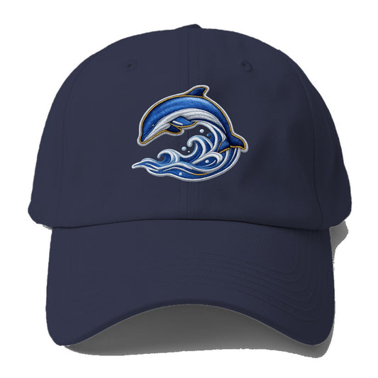 Embroidered patch design - SWIMMING DOLPHIN - diving dolphin with waves in blue and - Baseball Cap - Twilight Navy(Blue)