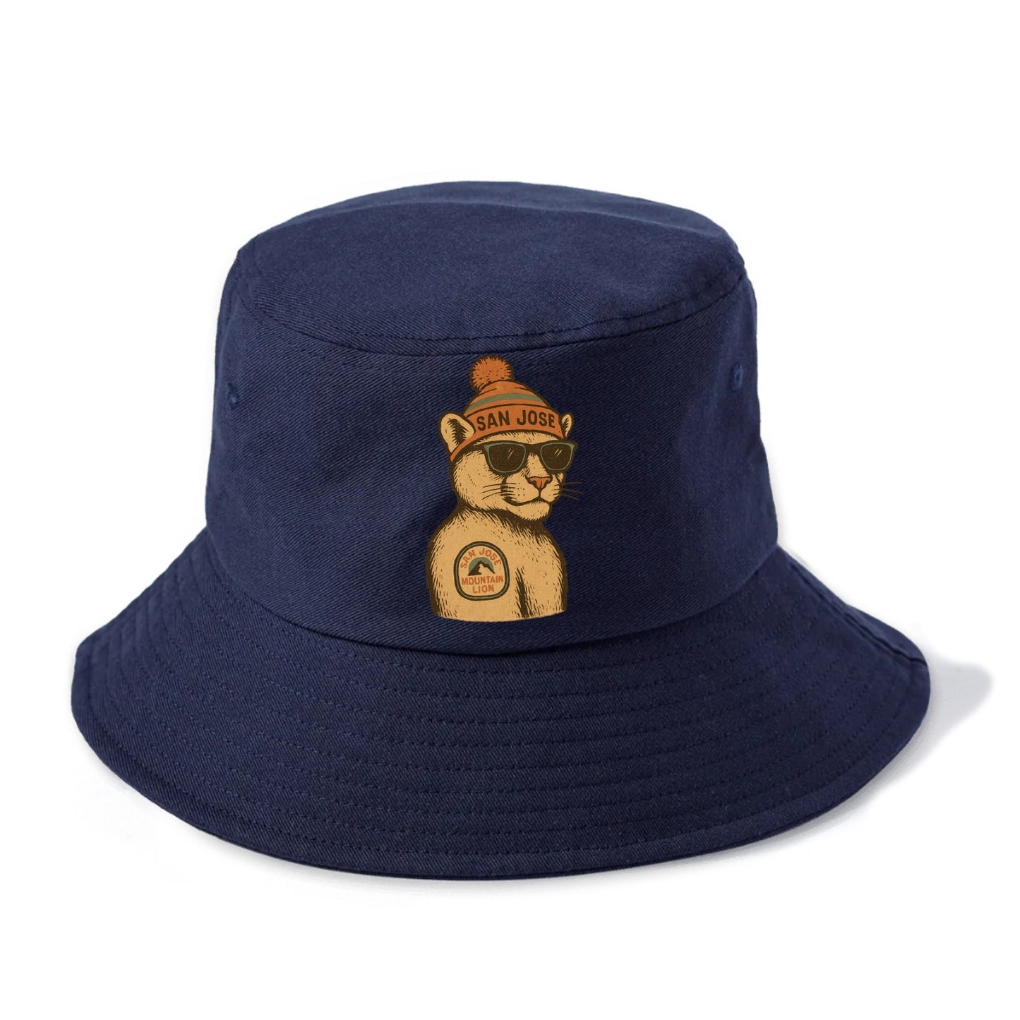 San Jose Mountain Lion wearing San Jose beanie with pom pom and wayfarer sunglasses - Bucket Hat - Twilight Navy(Blue)