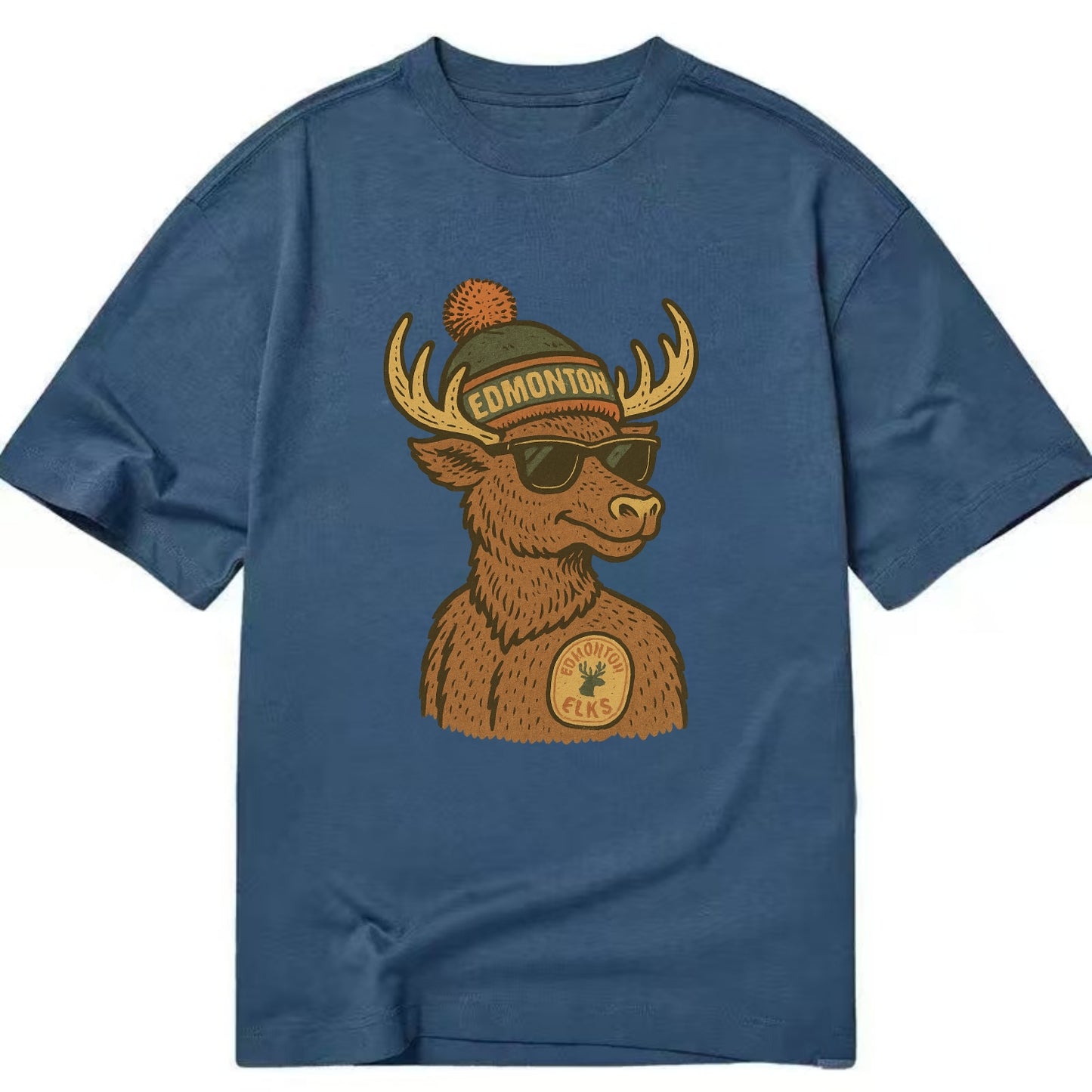 Edmonton Elk wearing Edmonton beanie with pom pom and wayfarer sunglasses - Classic T-shirt - Twilight Navy(Blue)