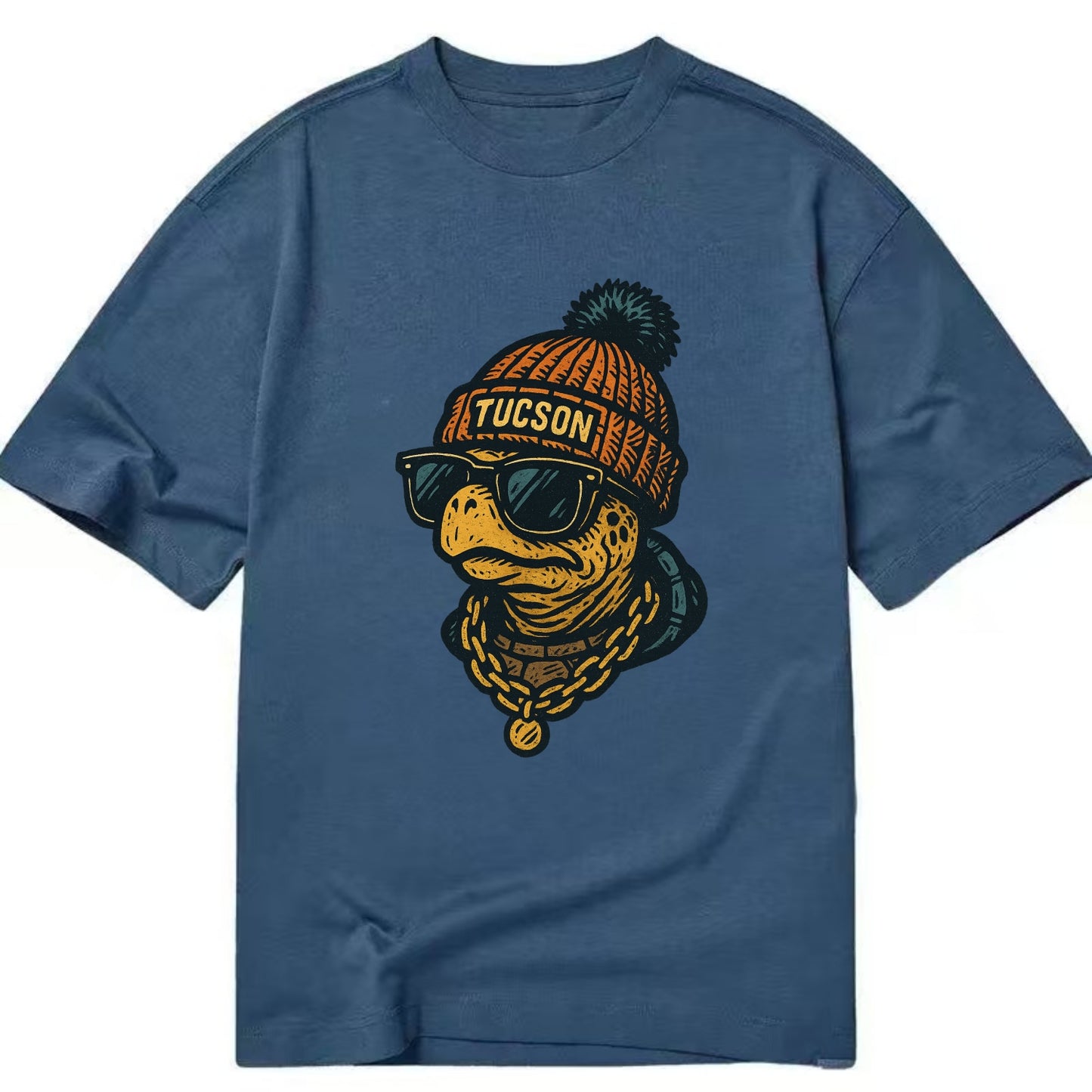 Tucson Desert Tortoise wearing Tucson beanie with pom pom and wayfarer sunglasses - Classic T-shirt - Twilight Navy(Blue)