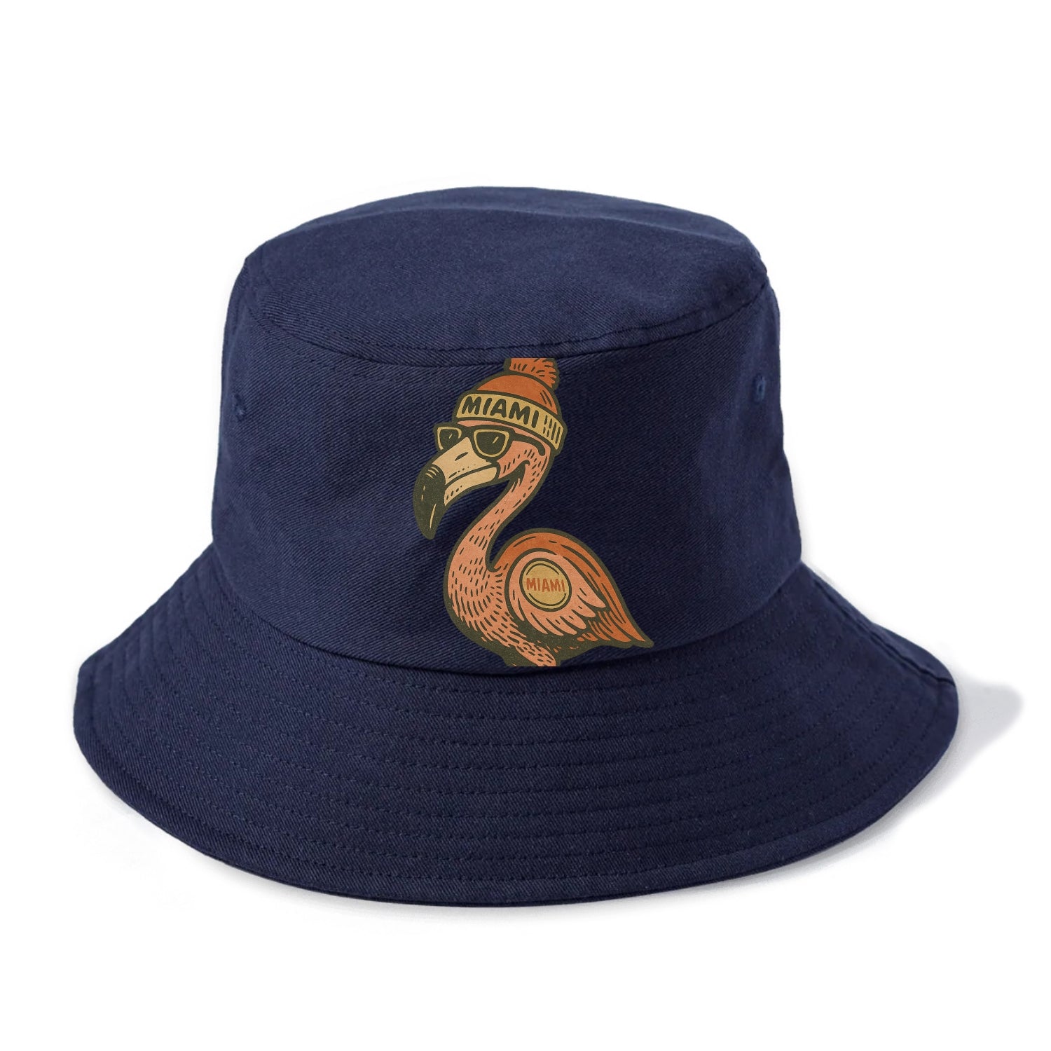 Miami Flamingo wearing Miami beanie with pom pom and wayfarer sunglasses - Bucket Hat - Twilight Navy(Blue)