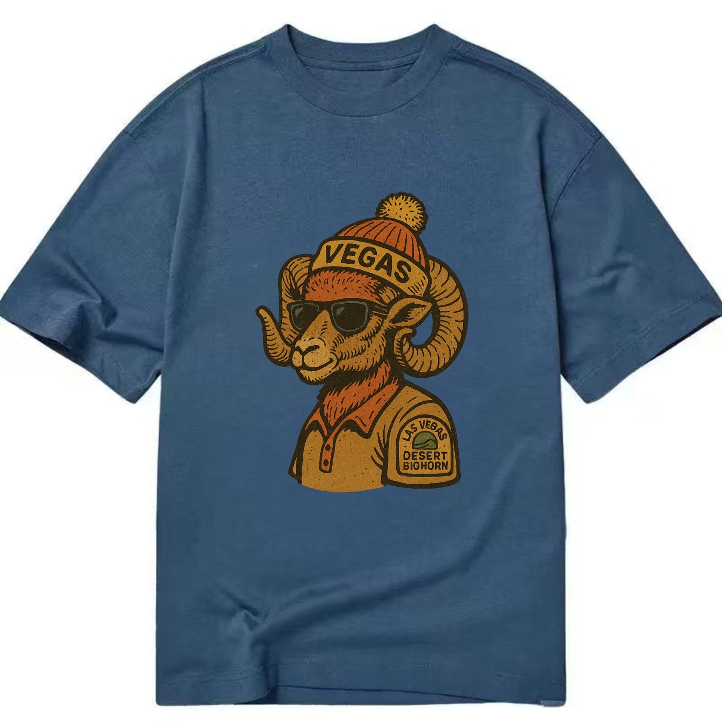 Las Vegas Desert Bighorn wearing Vegas beanie with pom pom and wayfarer sunglasses - Classic T-shirt - Twilight Navy(Blue)