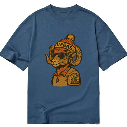 Las Vegas Desert Bighorn wearing Vegas beanie with pom pom and wayfarer sunglasses - Classic T-shirt - Twilight Navy(Blue)