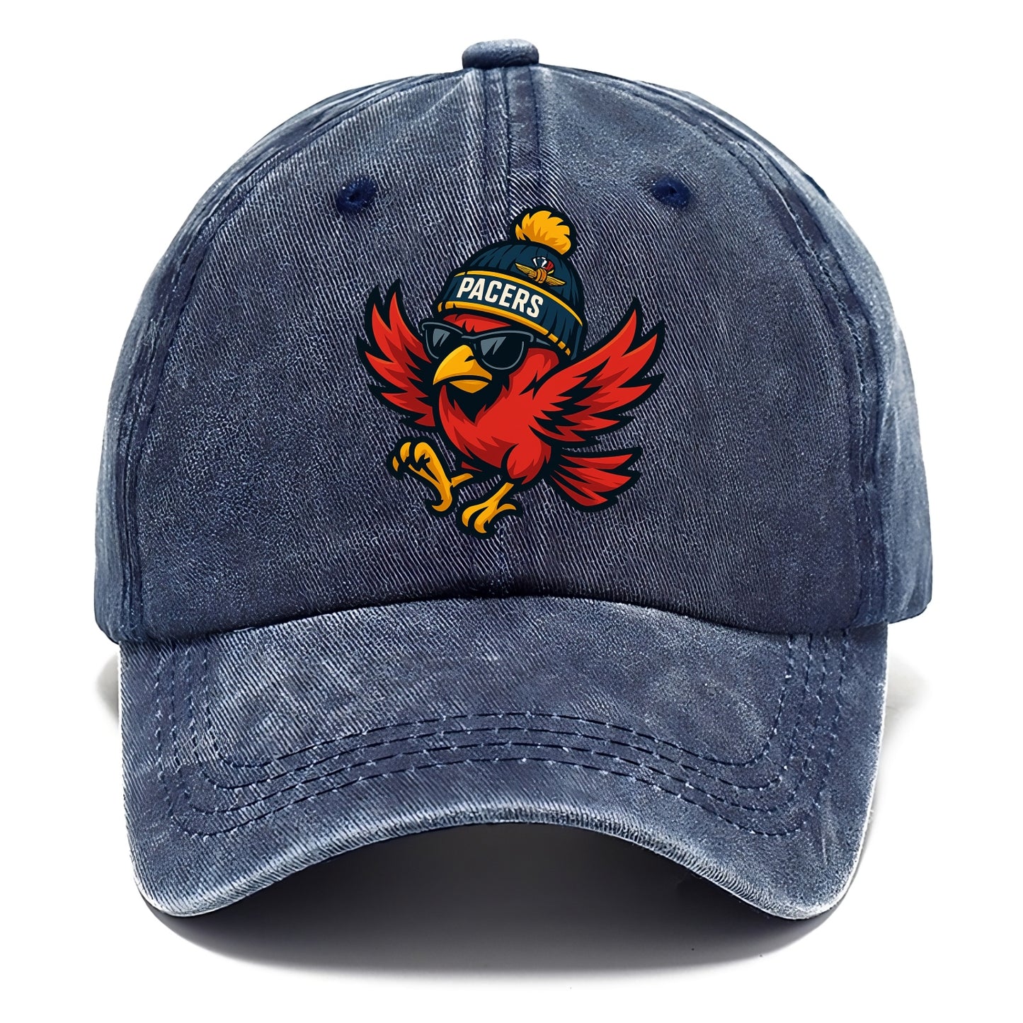 Indiana Cardinal wearing Pacers beanie with speedway patch and wayfarer sunglasses - Classic Cap - Twilight Navy(Blue)