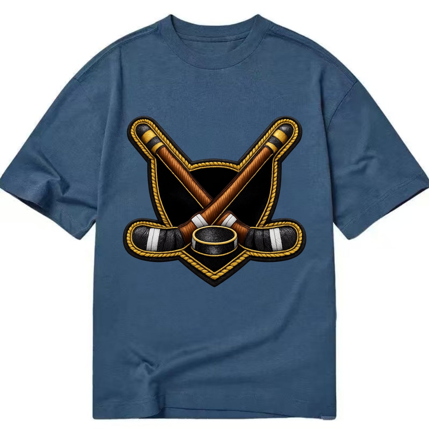 Embroidered patch design - HOCKEY CROSSED STICKS - ice hockey sticks with puck in - Classic T-shirt - Twilight Navy(Blue)