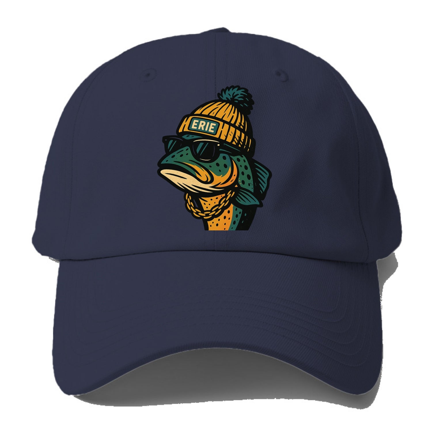 Erie Lake Trout wearing Erie beanie with pom pom and wayfarer sunglasses - Baseball Cap - Twilight Navy(Blue)