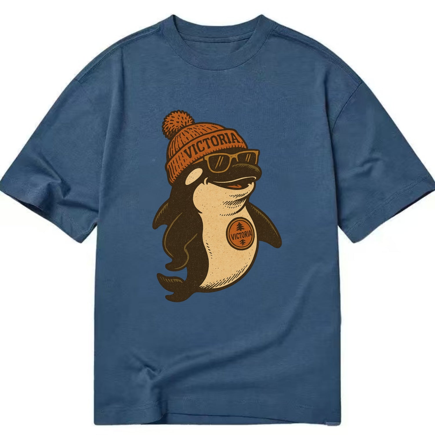 Victoria Orca wearing Victoria beanie with pom pom and wayfarer sunglasses - Classic T-shirt - Twilight Navy(Blue)