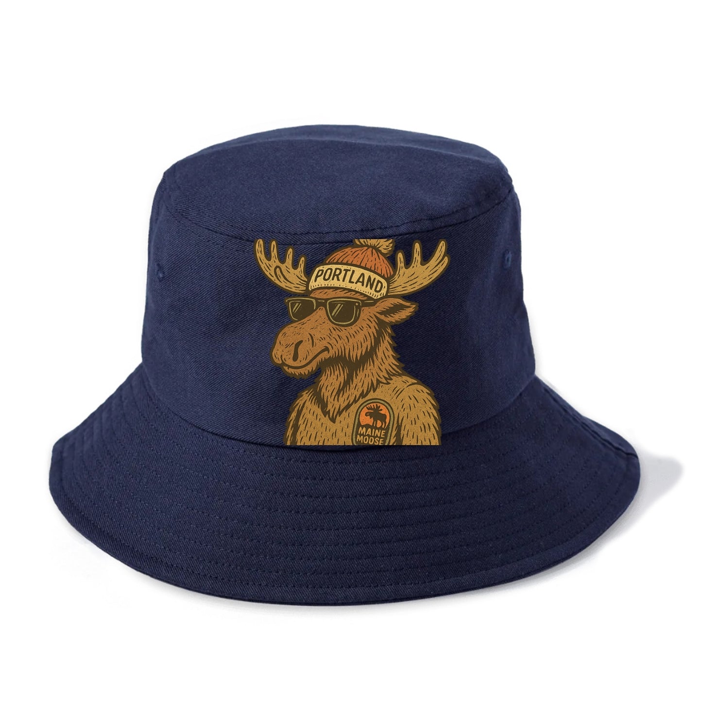 Maine Moose wearing Portland beanie with pom pom and wayfarer sunglasses - Bucket Hat - Twilight Navy(Blue)