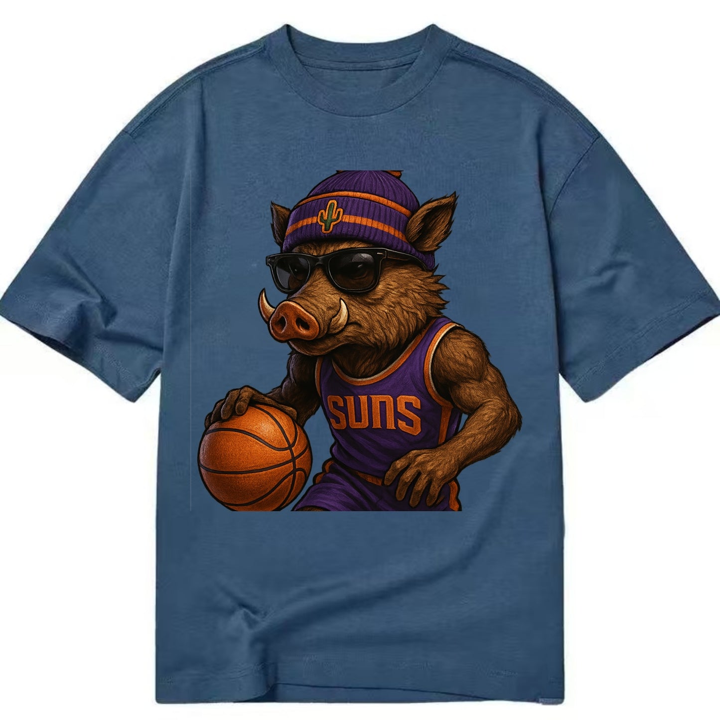 Phoenix Javelina wearing Suns beanie with cactus patch and wayfarer sunglasses - Classic T-shirt - Twilight Navy(Blue)