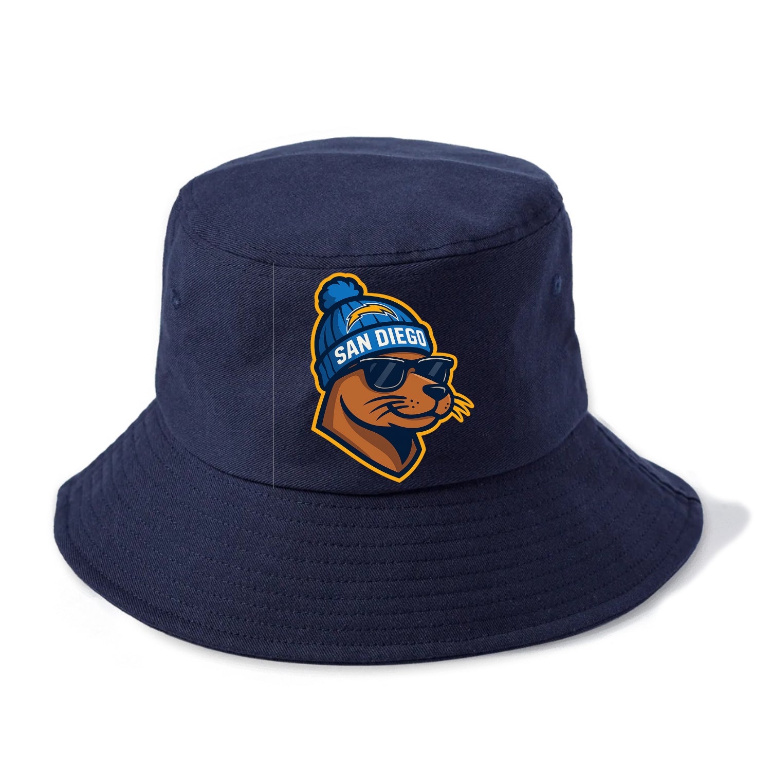 San Diego Sea Lion wearing Chargers beanie with bolt patch and wayfarer sunglasses - Bucket Hat - Twilight Navy(Blue)