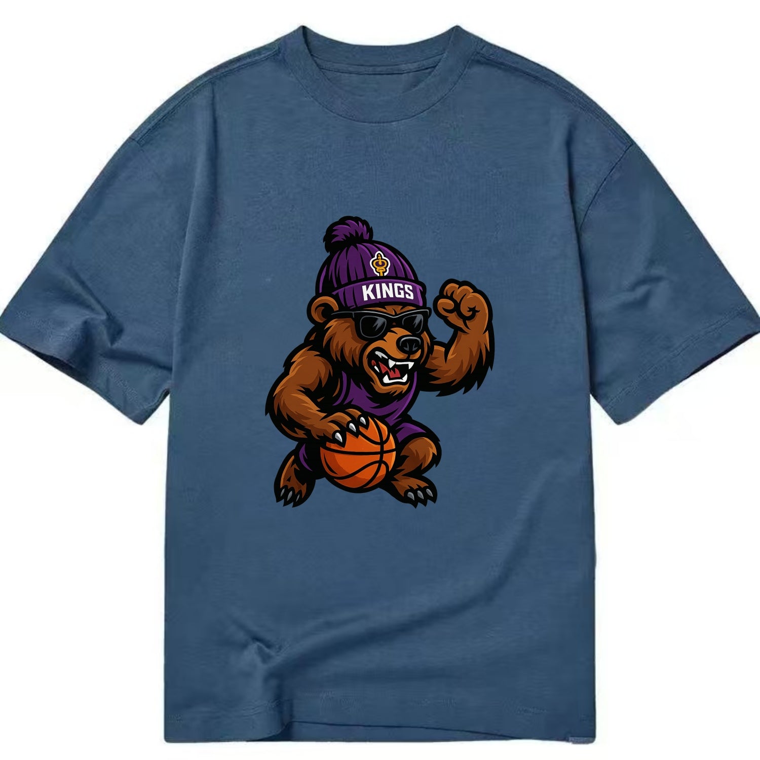 California Grizzly wearing Kings beanie with royal scepter patch and wayfarer - Classic T-shirt - Twilight Navy(Blue)
