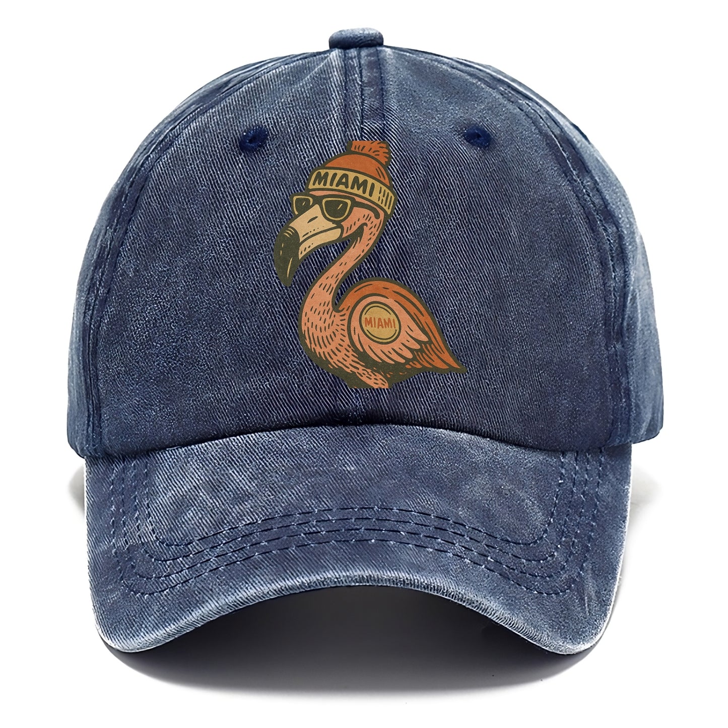 Miami Flamingo wearing Miami beanie with pom pom and wayfarer sunglasses - Classic Cap - Twilight Navy(Blue)