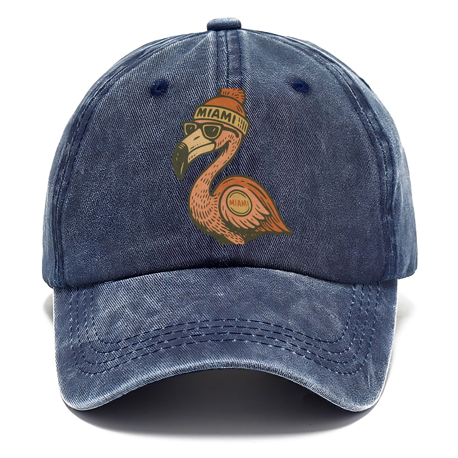 Miami Flamingo wearing Miami beanie with pom pom and wayfarer sunglasses - Classic Cap - Twilight Navy(Blue)