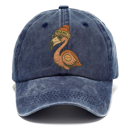 Miami Flamingo wearing Miami beanie with pom pom and wayfarer sunglasses - Classic Cap - Twilight Navy(Blue)