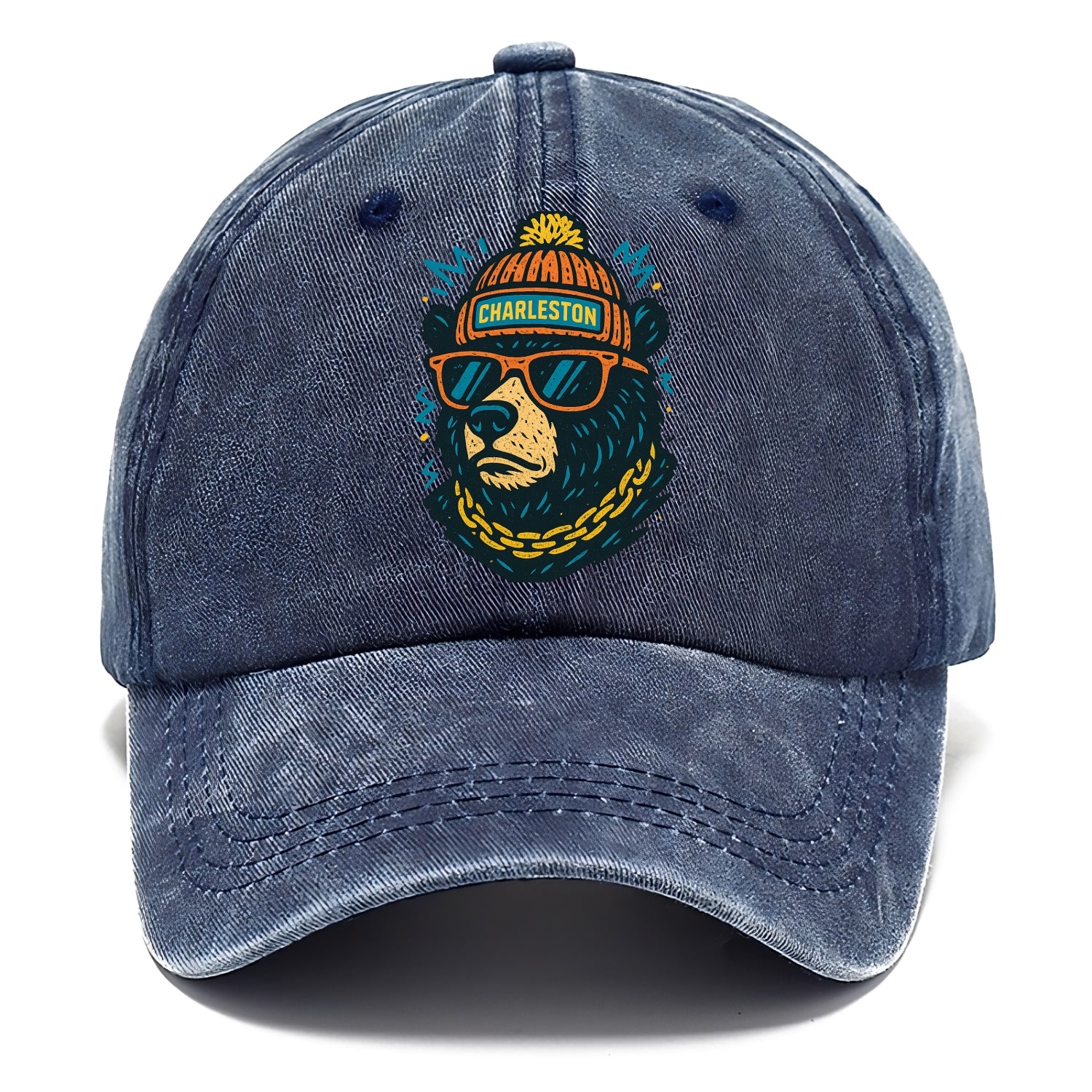 West Virginia Black Bear wearing Charleston beanie with pom pom and wayfarer - Classic Cap - Twilight Navy(Blue)