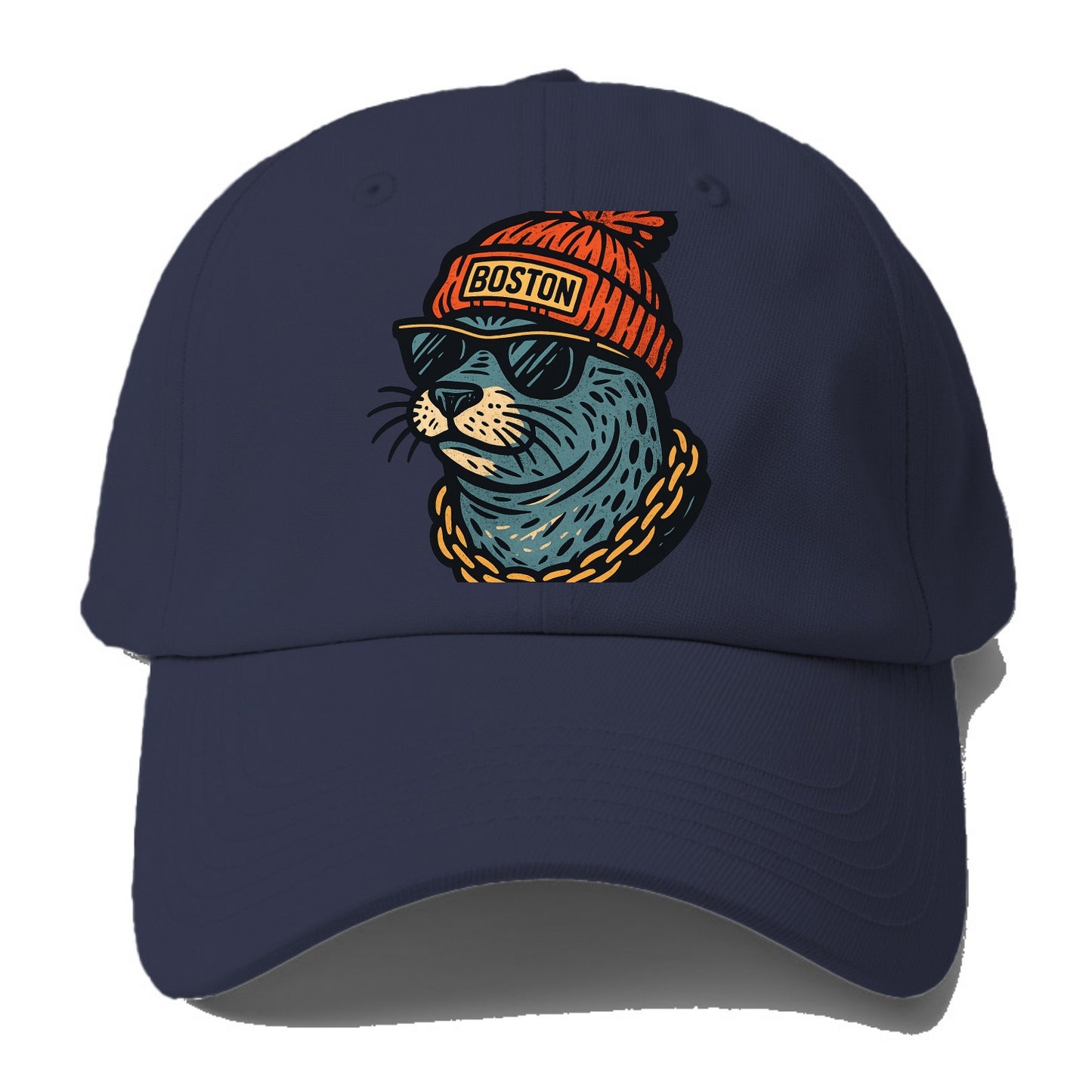 Boston Harbor Seal wearing Boston beanie with pom pom and wayfarer sunglasses - Baseball Cap - Twilight Navy(Blue)