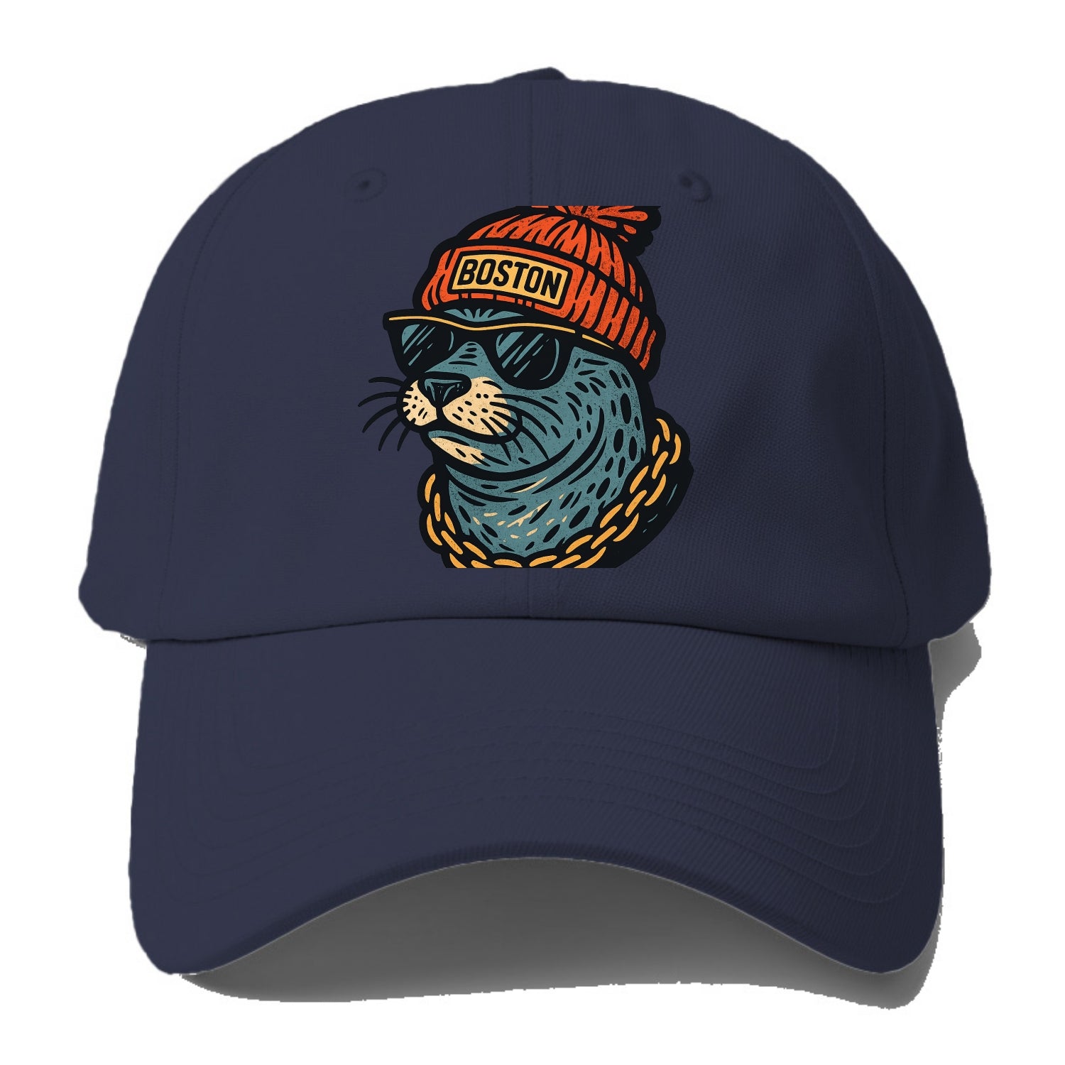 Boston Harbor Seal wearing Boston beanie with pom pom and wayfarer sunglasses - Baseball Cap - Twilight Navy(Blue)