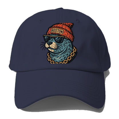 Boston Harbor Seal wearing Boston beanie with pom pom and wayfarer sunglasses - Baseball Cap - Twilight Navy(Blue)