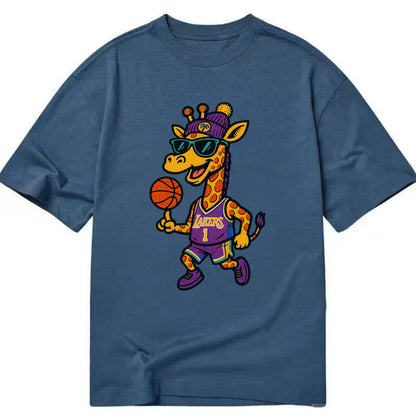 California Giraffe wearing Lakers beanie with palm tree patch and wayfarer - Classic T-shirt - Twilight Navy(Blue)