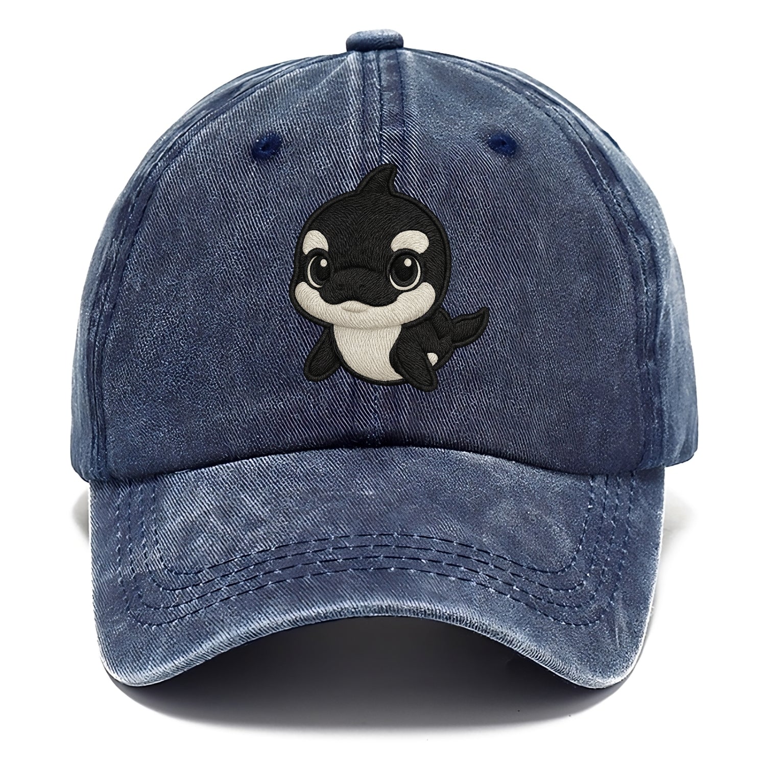Baby Orca - black and white pattern, white eye patch, front-facing, curious and - Classic Cap - Twilight Navy(Blue)
