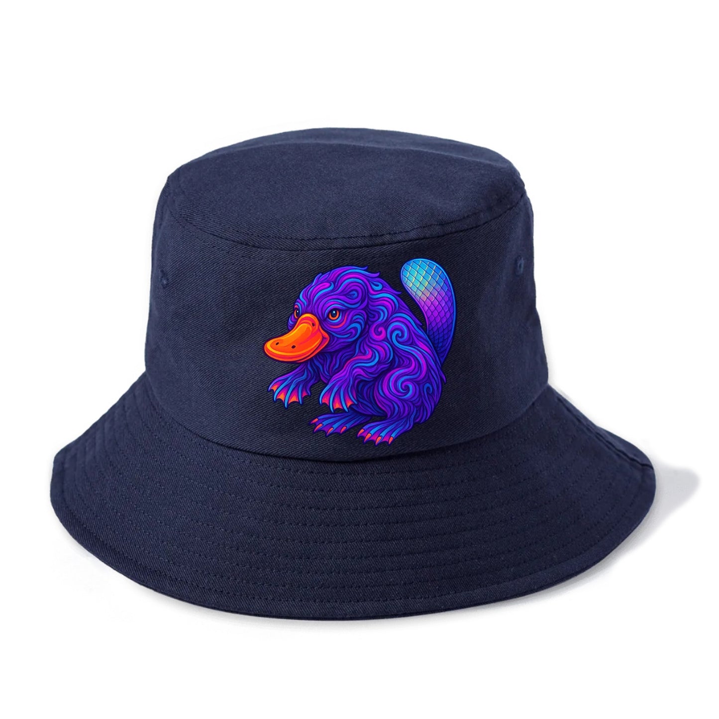 Quirky platypus with bill glowing in neon orange, beaver tail with holographic scales, - Bucket Hat - Twilight Navy(Blue)