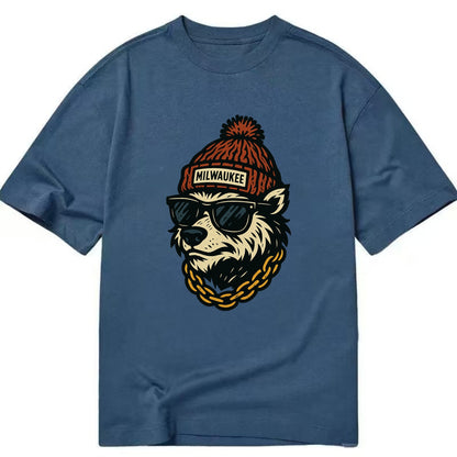 Milwaukee Badger wearing Milwaukee beanie with pom pom and wayfarer sunglasses - Classic T-shirt - Twilight Navy(Blue)