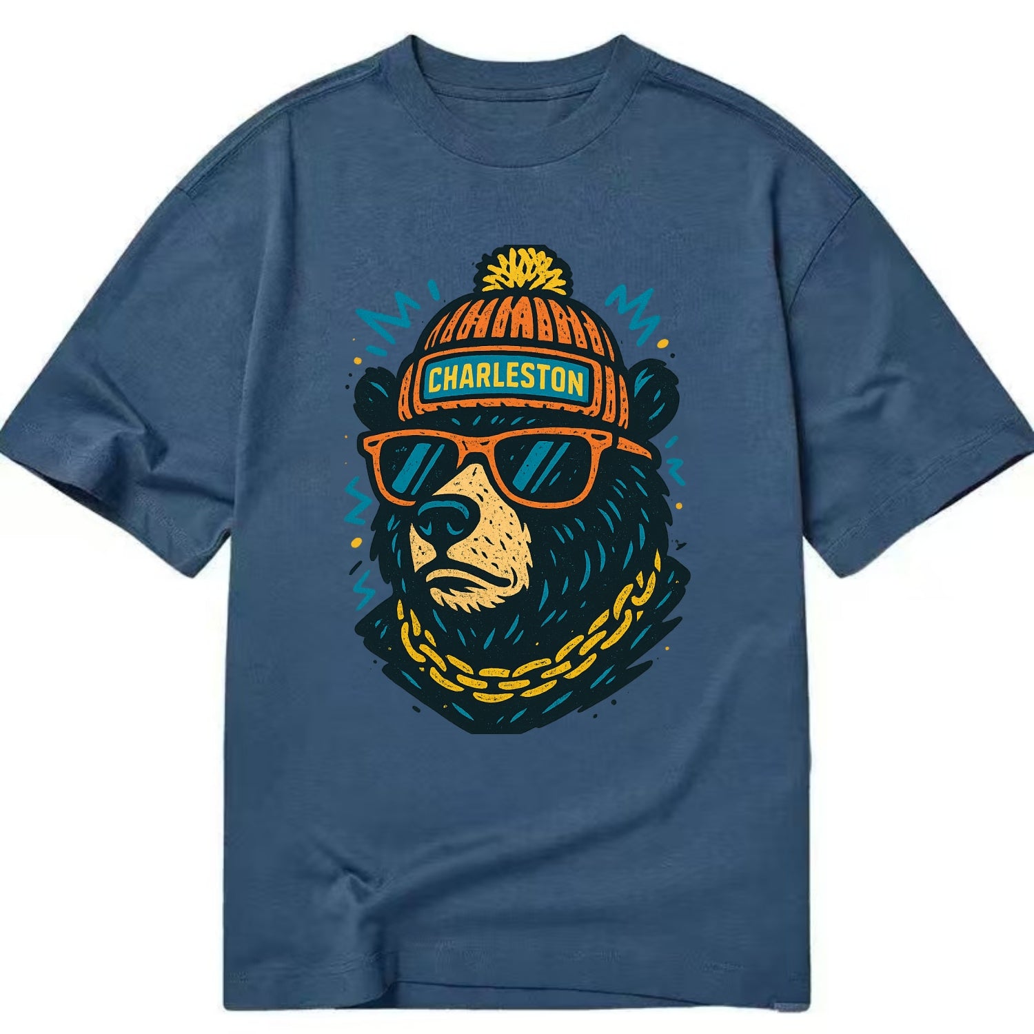 West Virginia Black Bear wearing Charleston beanie with pom pom and wayfarer - Classic T-shirt - Twilight Navy(Blue)