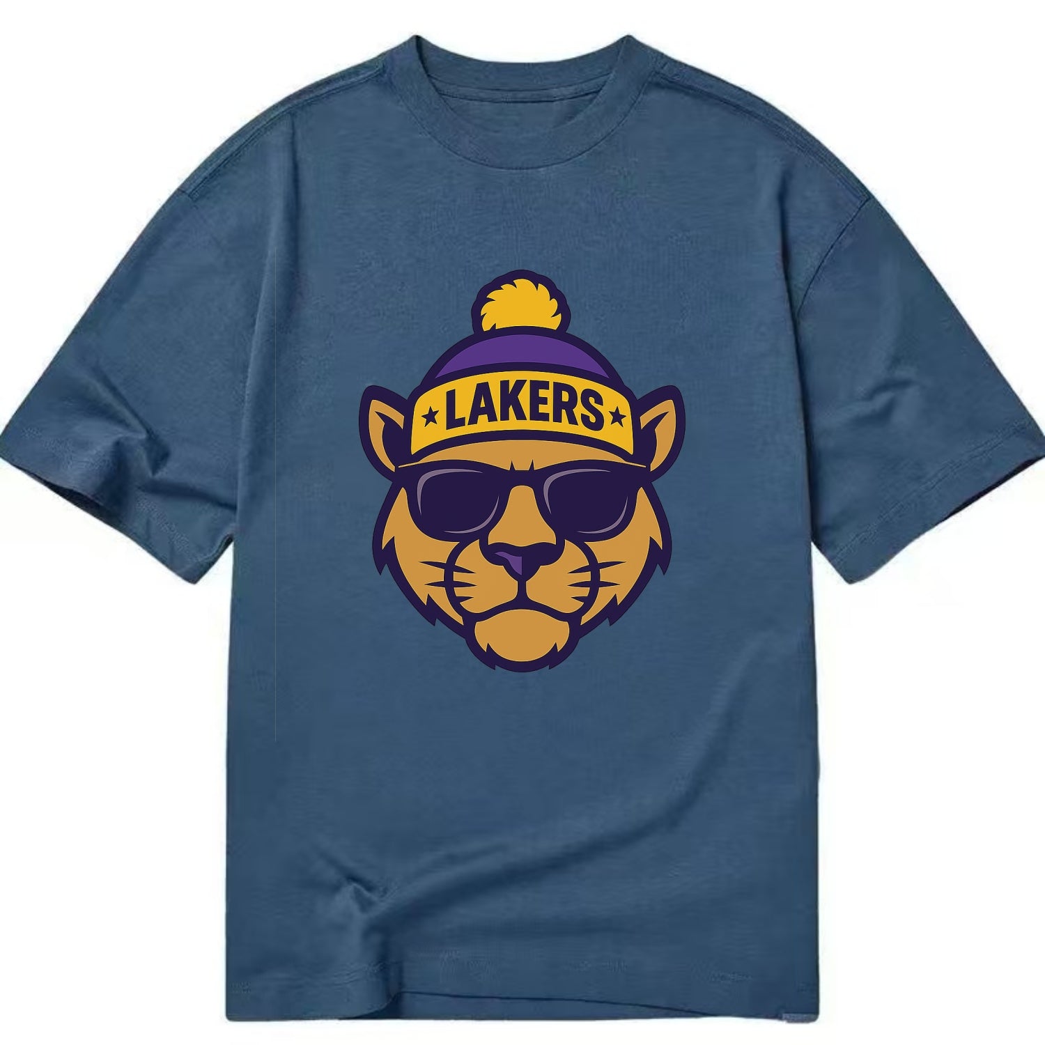 LA Mountain Lion wearing Lakers purple and gold beanie with championship stars - Classic T-shirt - Twilight Navy(Blue)