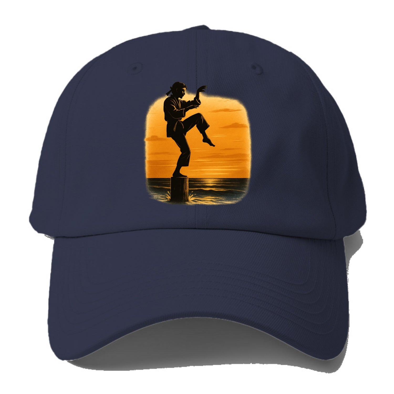 karate crane kick pose on wooden post at beach sunset - Baseball Cap - Twilight Navy(Blue)