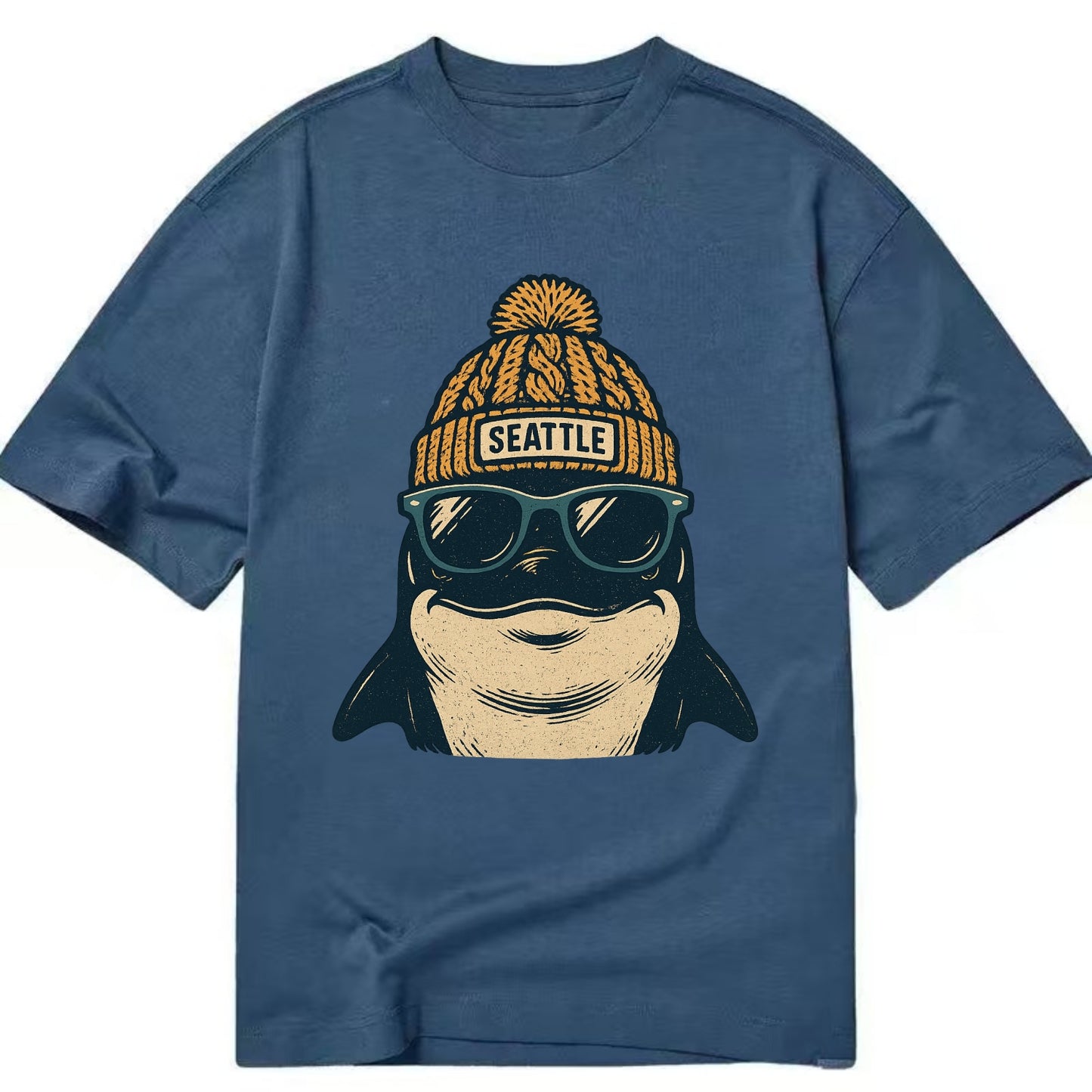 Seattle Orca wearing Seattle beanie with pom pom and wayfarer sunglasses - Classic T-shirt - Twilight Navy(Blue)