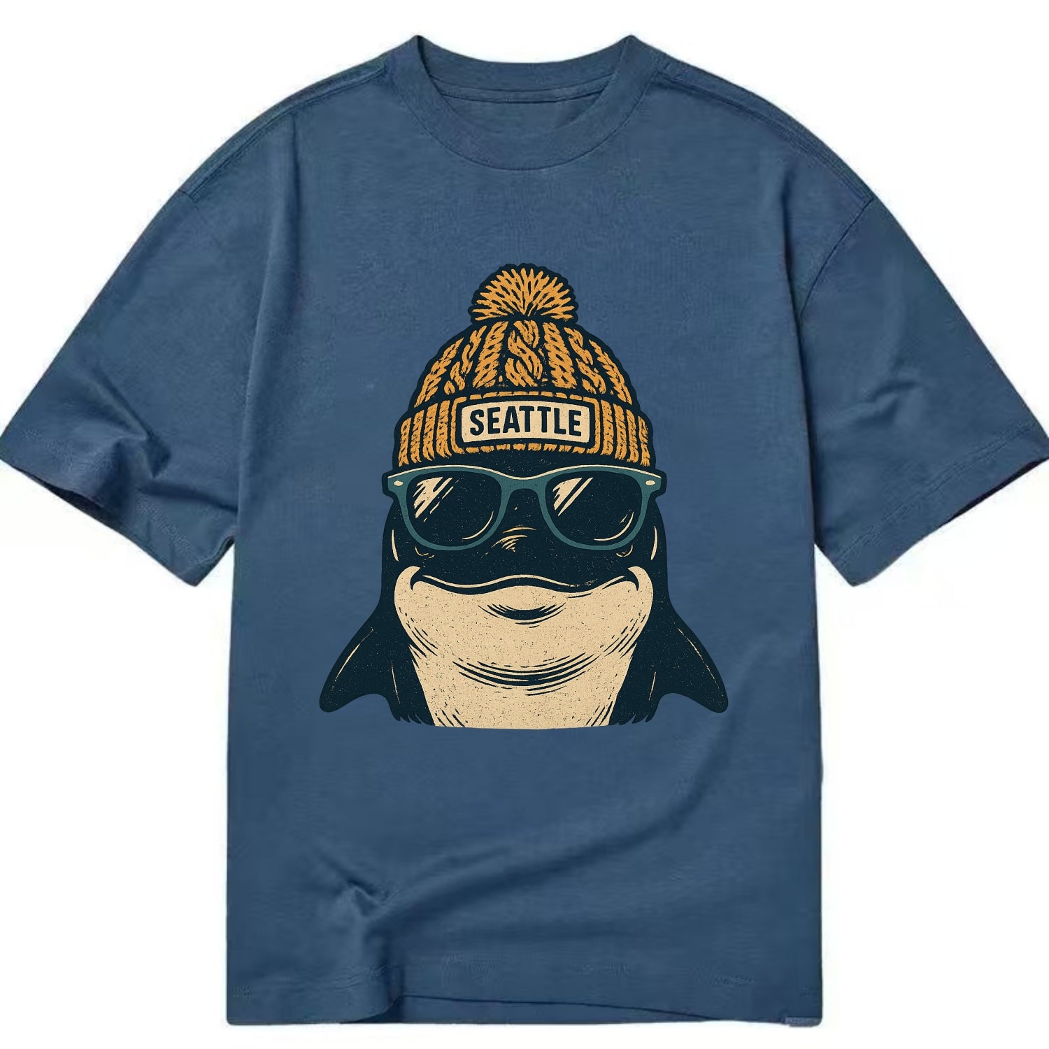 Seattle Orca wearing Seattle beanie with pom pom and wayfarer sunglasses - Classic T-shirt - Twilight Navy(Blue)