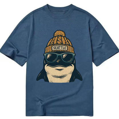 Seattle Orca wearing Seattle beanie with pom pom and wayfarer sunglasses - Classic T-shirt - Twilight Navy(Blue)