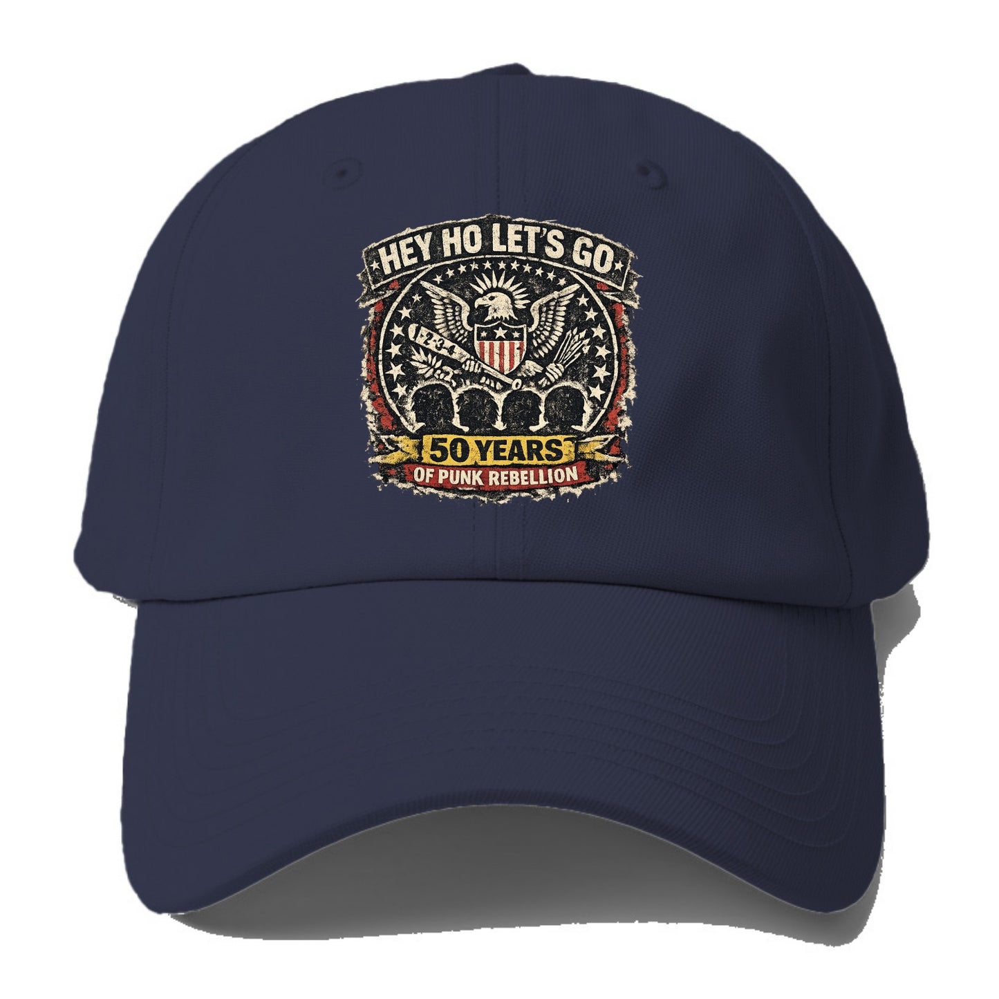 RAMONES LEGACY | Hey Ho Let's Go typography | Presidential seal parody | Four heads - Baseball Cap - Twilight Navy(Blue)