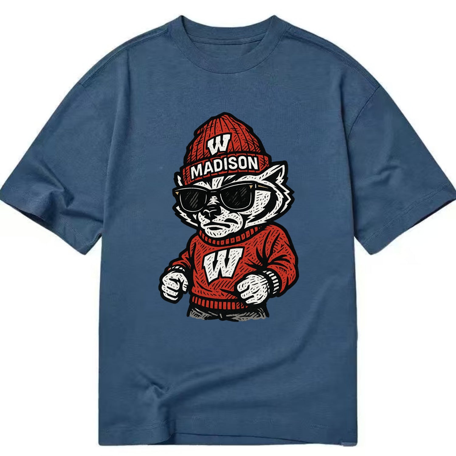 Madison Badger wearing Wisconsin beanie with motion W patch - Classic T-shirt - Twilight Navy(Blue)
