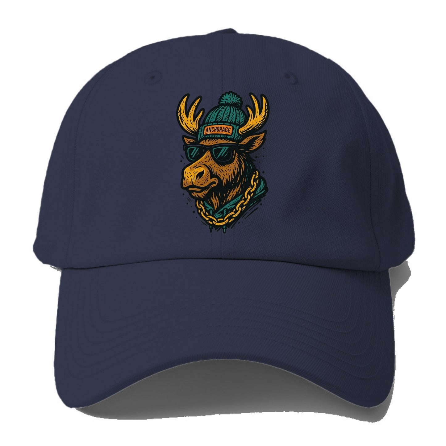 Alaska Moose wearing Anchorage beanie with pom pom and wayfarer - Baseball Cap For Big Heads - Twilight Navy(Blue)