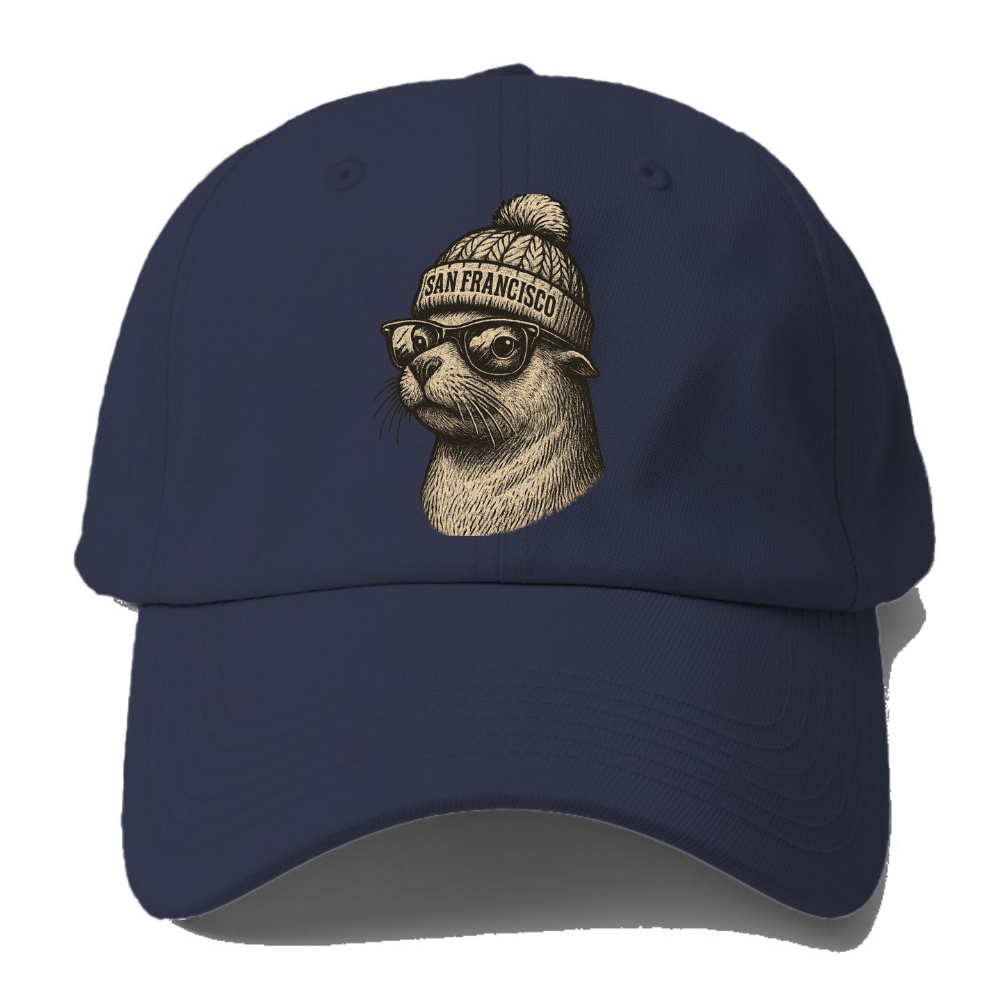 San Francisco Sea Lion wearing San Francisco beanie with pom pom and wayfarer - Baseball Cap - Twilight Navy(Blue)