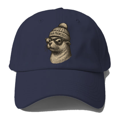 San Francisco Sea Lion wearing San Francisco beanie with pom pom and wayfarer - Baseball Cap - Twilight Navy(Blue)