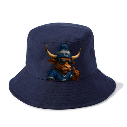 Texas Longhorn wearing Cowboys silver and blue beanie with star and wayfarer sunglasses - Bucket Hat - Twilight Navy(Blue)