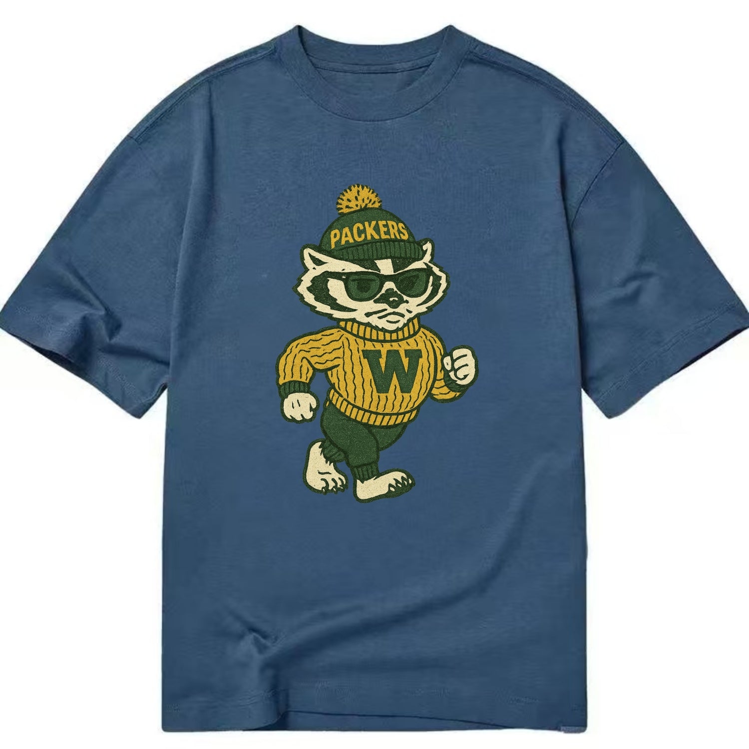Wisconsin Badger wearing Packers green and gold beanie with pom pom and wayfarer - Classic T-shirt - Twilight Navy(Blue)