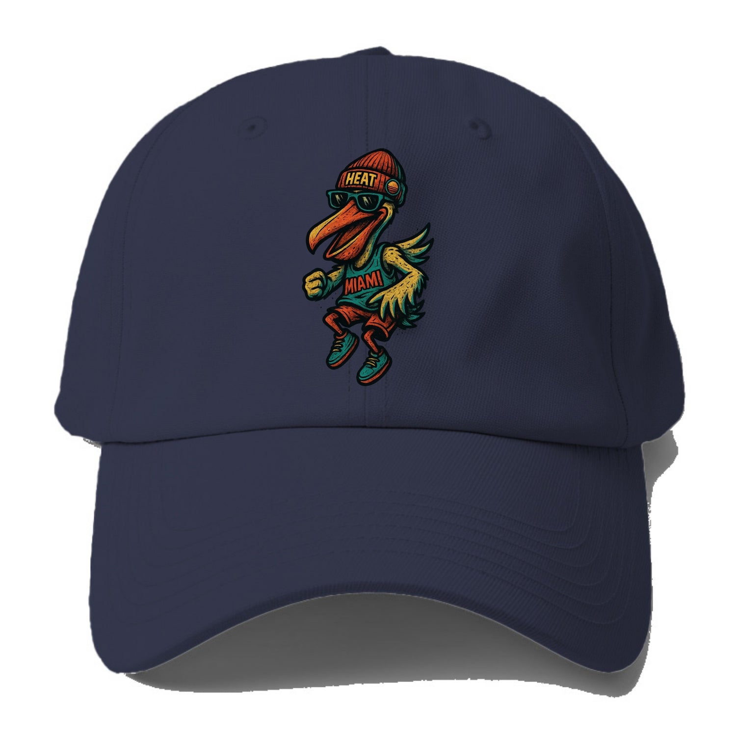 Miami Pelican wearing Heat beanie with sunset patch and wayfarer - Baseball Cap For Big Heads - Twilight Navy(Blue)