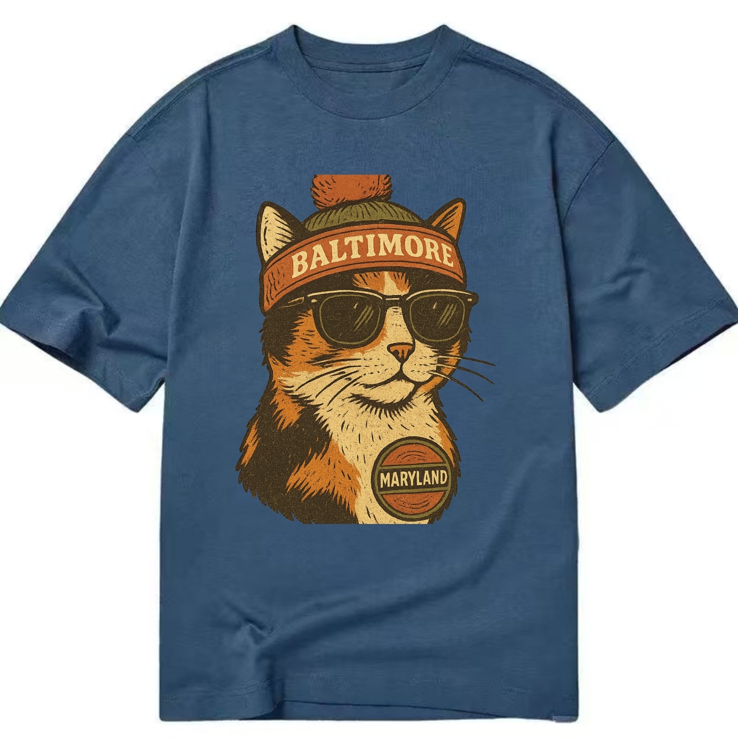 Maryland Calico Cat wearing Baltimore beanie with pom pom and wayfarer sunglasses - Classic T-shirt - Twilight Navy(Blue)