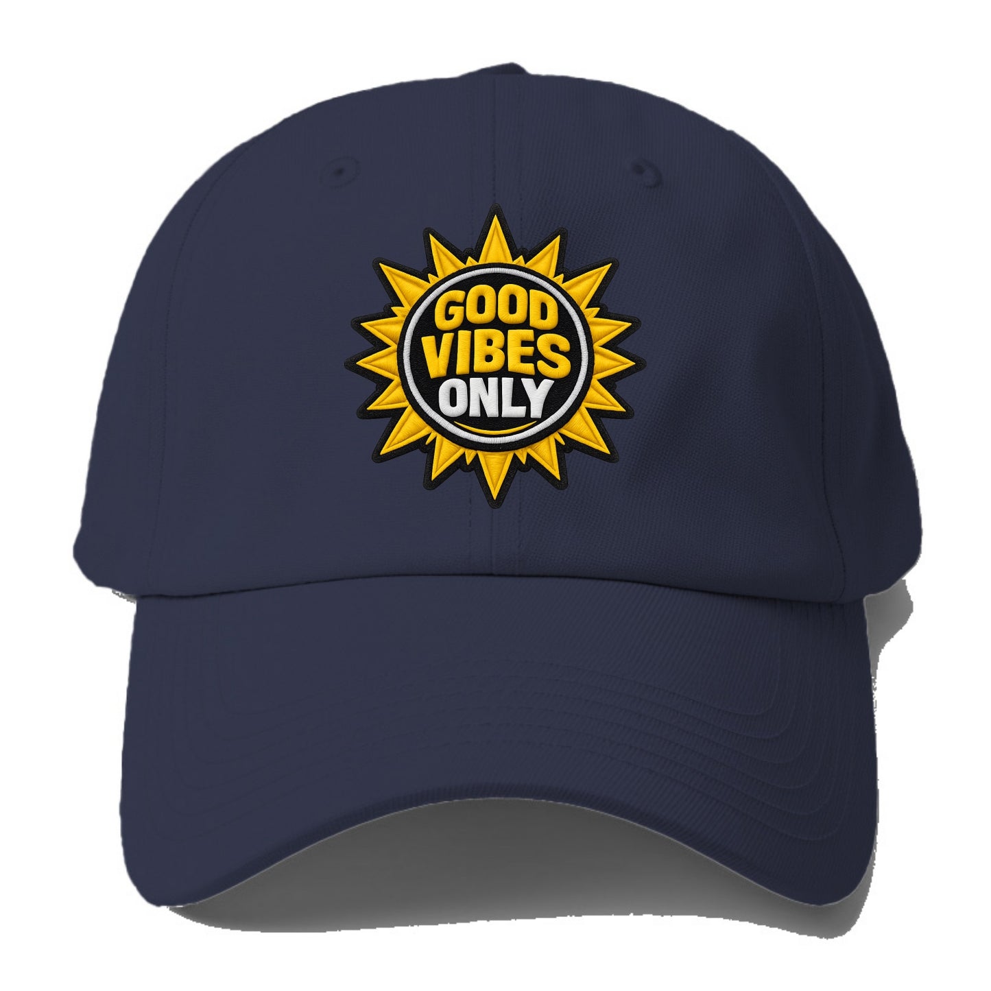 GOOD VIBES ONLY - sun with text in yellow , positive energy - Baseball Cap - Twilight Navy(Blue)